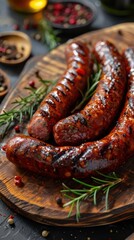 Fouette sausage neatly arranged on a wooden cutting board. The thin, cured sausage is sliced and ready to be served, ideal for appetizers or charcuterie platters.






