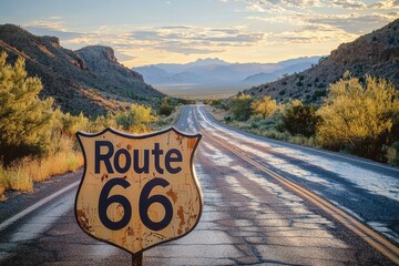 Legendary "Route 66" sign with a scenic desert landscape, open road stretching into the distance, iconic American road trip vibe. grand canyon
