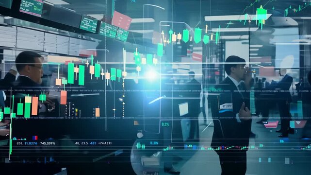 Bustling stock exchange floor merges with digital overlay of real-time market data. Traders react to fluctuating graphs and charts floating in augmented reality space.