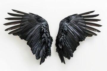 Obraz premium A pair of black devil wings, isolated on a white background. The wings are detailed and dark, giving a striking and dramatic appearance. Perfect for use in fantasy or gothic-themed designs.