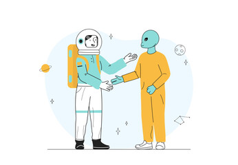 Meeting with alien. Man in space suit shake hand with alien. Space exploration and adventure. Astronomy and astrology. Fantasy and imagination. Linear vector illustration