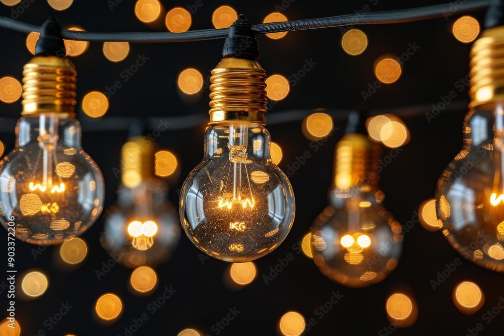 Poster close up of hanging vintage light bulbs with bokeh background emphasizing warm light and nostalgic c