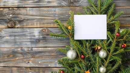 Fototapeta premium Christmas tree with card on wooden background and space