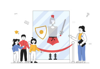 Museum of ancient costumes. Guide shows girls and boys armor of Roman and Greek warriors. Archeology and history. Culture of Rome and Greece. Linear vector illustration