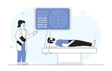 Neurobiological medicine concept. Woman in medical uniform analyzing brain of man. Health care and medicine. Diagnosis and treatment. Linear vector illustration