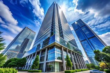Fototapeta premium Modern Glass Skyscrapers in City with Blue Sky.