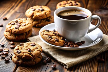 Coffee and Chocolate Chip Cookies on Wooden Table.