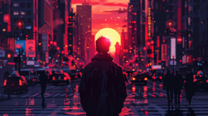 Silhouette of a man standing in a bustling city as the sun sets, creating a dramatic urban scene.