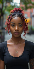 Obraz premium A beautiful woman with dreadlocks wearing a black shirt. She is outdoors in a city.