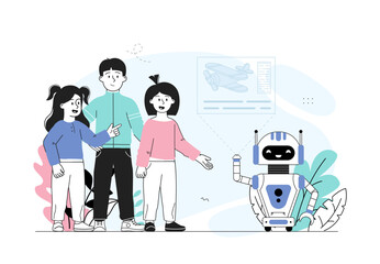 Kids with robot. Boy and girls greet robot. Modern technologies and innovations, machine learning and artificial intelligence. Mechanics and engineering. Linear vector illustration