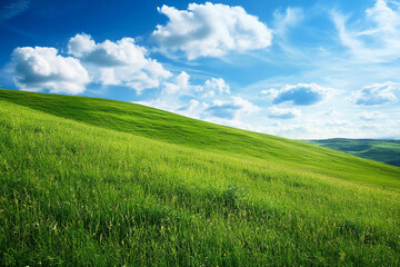 Fototapeta premium Smooth meadow on the hill with beautiful sky, landscape, green grass