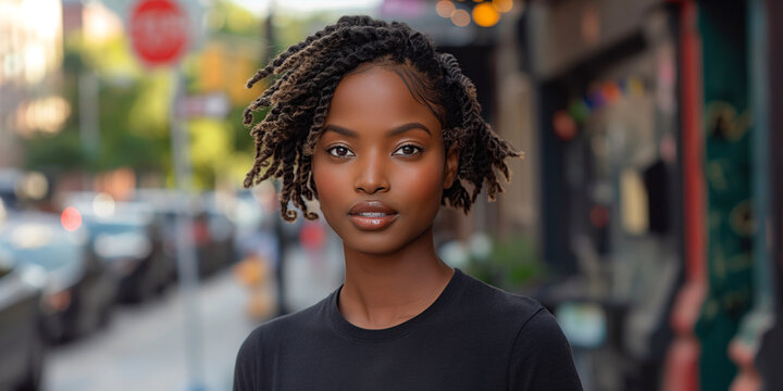 A beautiful woman with dreadlocks wearing a black shirt. She is outdoors in a city.
