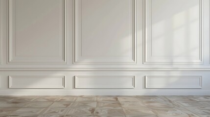 Fototapeta premium Classic White Wall with Elegant Molding and Wooden Floor