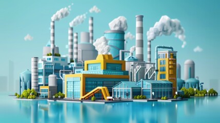 Industrial Cityscape: showcasing a network of factories and smokestacks against a bright blue sky.