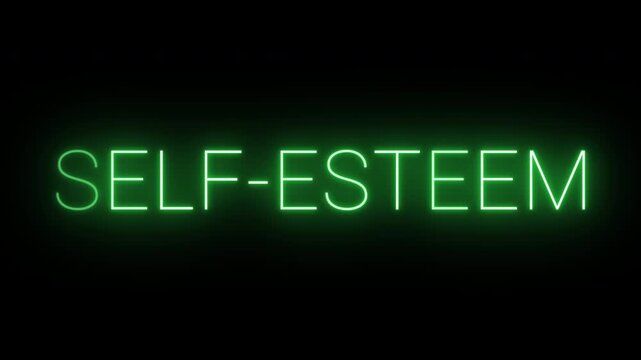 4K, flickering neon green self-esteem text animated on black background