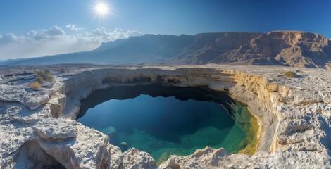 AI generated Oman Mountains. Majestic sinkhole in the Oman mountains under the midday sun, clear blue skies, and rugged terrain
