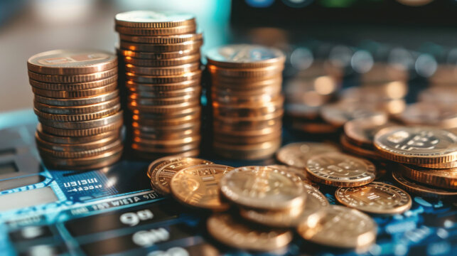Close-up of stacks of coins placed on a circuit board, representing financial technology and digital currency.