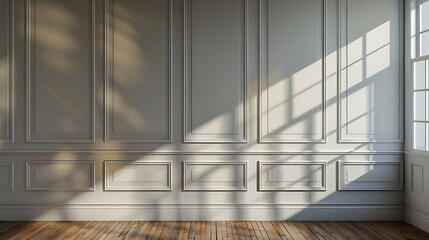Obraz premium Sunlit White Wall with Paneling and Wood Floor