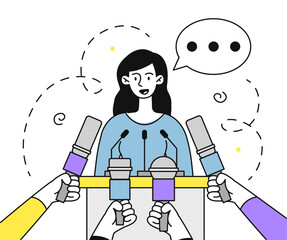 Woman at press conference. Young girl answers questions from journalists. Public speaker and orator. Company or organization press release. Linear vector illustration