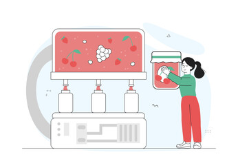 Production of jam. Woman at factory producing canned fruits and berries. Young girl with dessert and delicacy. Conveyor belt with jam. Linear vector illustration