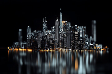 Cityscape with skyscrapers reflecting in the water at night.