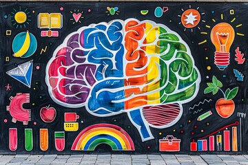 Colorful brain illustration with scientific icons symbolizing creativity and education.