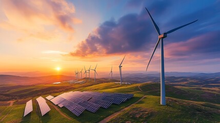 Serene Landscape at Sunset with Wind Turbines and Solar Panels: A Harmonious Blend of Renewable Energy and Nature
