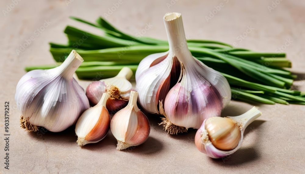 Wall mural  Fresh garlic bulbs and green shoots ready for culinary adventures