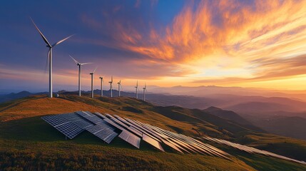 Serene Landscape at Sunset with Wind Turbines and Solar Panels: A Harmonious Blend of Renewable Energy and Nature