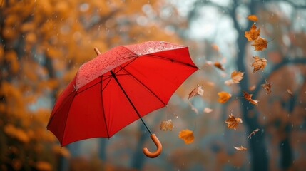 A bright red and yellow umbrella surrounded by colorful autumn leaves