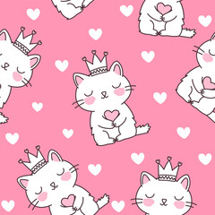 Seamless Pattern of Cute Love Cat Queen Wearing Crown on Pink Background