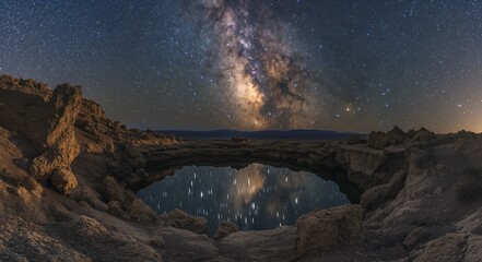 AI generated Oregon Plateau. The Oregon Plateau at night with the stars and the Milky Way visible, the deep sinkhole bathed in soft moonlight