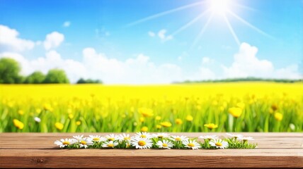 Beautiful Spring Field with Daisies on Wooden Table Under Bright Sunlight &acirc;&euro;&ldquo; Perfect for Nature and Outdoor Themes