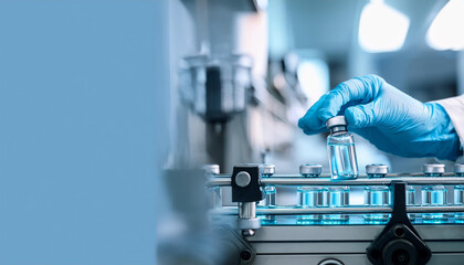 Sanitary gloves protect the hand inspecting medical vials on the production line at a pharmaceutical factory, where automated machines work efficiently to produce and fill pharmaceutical glass bottles