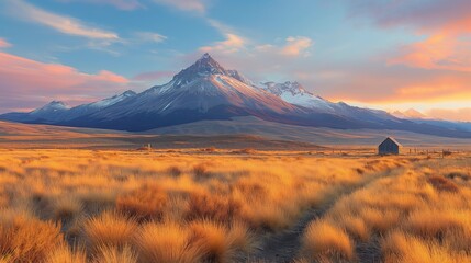 Golden Sunset over the Northern Patagonian Plateau - Minimalist Landscape with Warm Sky Tones