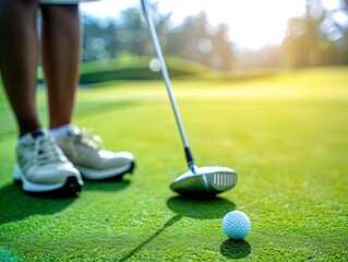 A golfer s stance with a club near a golf ball on a vibrant green course, with morning sunlight