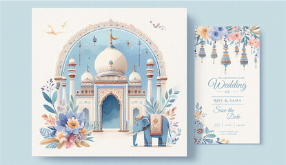 Wedding invitations featuring the Taj Mahal symbolising universal love at the centre and highlighted. Indian wedding invitation. Watercolour design on textured white paper; text and details customizab