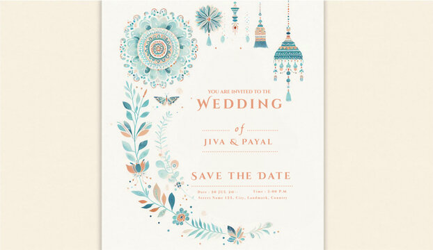 Indian wedding invitation. elegant Indian style invitation design with floral elements, wedding invitations. Watercolour design on textured white paper; text and details customizable in the AI file
