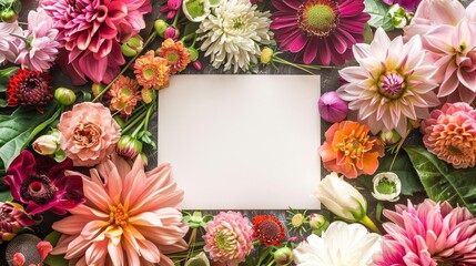 A plain white card surrounded by an array of colorful flowers, perfect for an invitation or greeting
