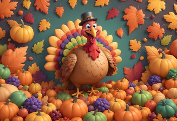 Naklejka premium Concept design of Thanksgiving with pumpkins, autumun leaves, chicken