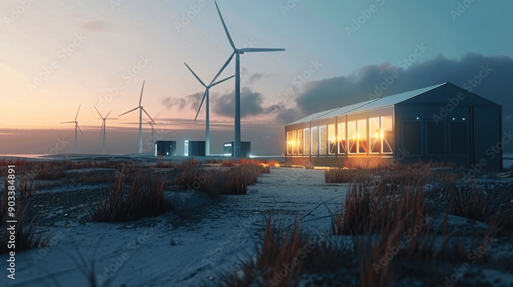 Poster modern wind farm with transparent turbines and glowing energy storage units for a futuristic and eff