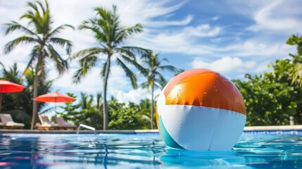 A beach ball floating in a pool, with tropical palm trees and blue skies in the background