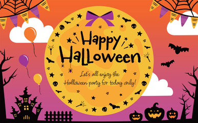 月明かりの城とハロウィンかぼちゃのシルエットフレームの円形囲みのタイトルバック背景イラスト素材