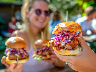 Juicy BBQ Bliss: Savoring Summer Moments with Pulled Pork Burger Perfection. Lunch Dinner Outdoors...