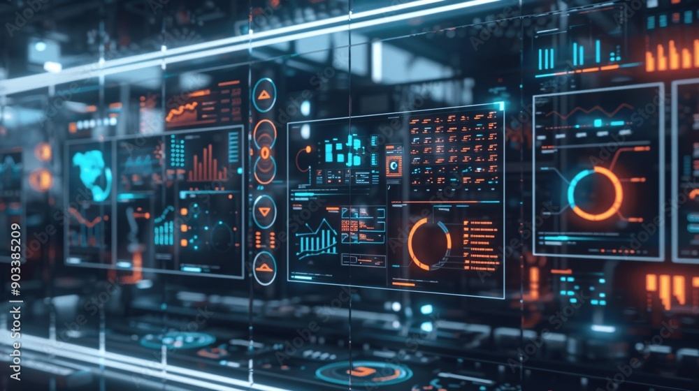 Poster high-tech infographic studio with robotic tools and neon-infused data visualizations for innovative 