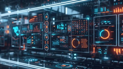 Fototapeta premium High-Tech Infographic Studio with Robotic Tools and Neon-Infused Data Visualizations for Innovative and Dynamic Data Presentation.