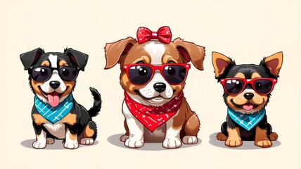Fototapeta premium Cute Illustration of Three Stylish Puppies Wearing Sunglasses and Bandanas - Fun Dog Cartoon Art