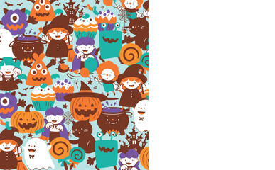 Fototapeta premium ハロウィンパーティーで仮装した子どもたちとかぼちゃ・おばけ・モンスター等のかわいい手書きフレーム背景イラスト