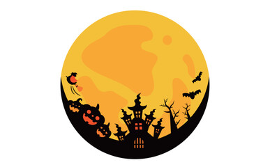 月明かりの城とハロウィンかぼちゃのシルエットフレームの円形囲みのタイトルバック背景イラスト
