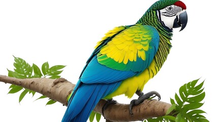 A strikingly magnificent parrot perched in a lush tree, against a pristine white background. This exquisite photograph captures the bird's vibrant plumage, boasting a stunning array of colors 